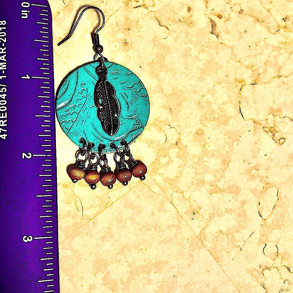 TURQUOISE TEAL LEATHER FEATHER EARRINGS ARTISAN ORIGINAL HANDMADE HANDCRAFTED - Picture 2 of 2